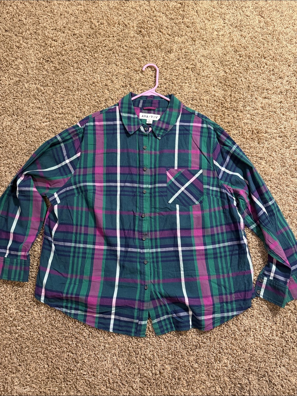 Ava & Viv Green, Purple and White Plaid Button-Up Shirt